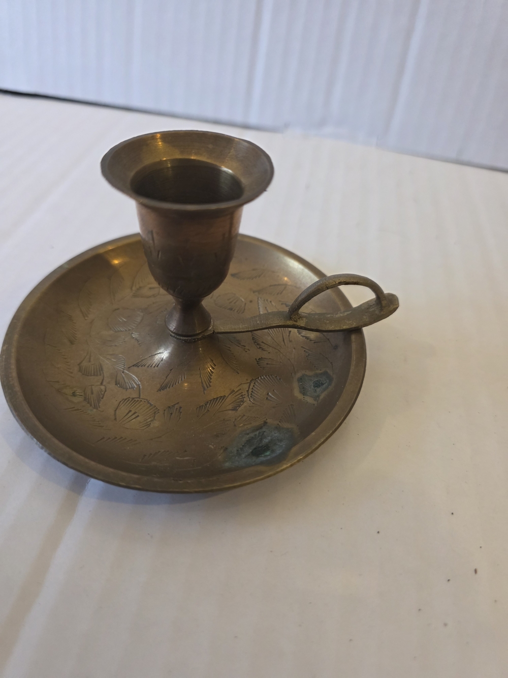 Vintage Brass Chamberstick Candle Holder - Patinated Finish